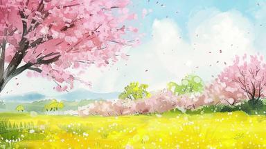 春のイメージイラストと桜吹雪