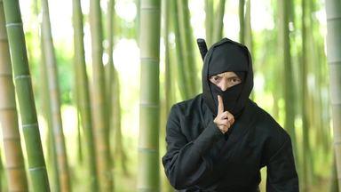a ninja who poses while looking around with a bamboo bush