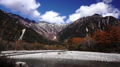 雪の穂高連峰と紅葉の梓川清流
